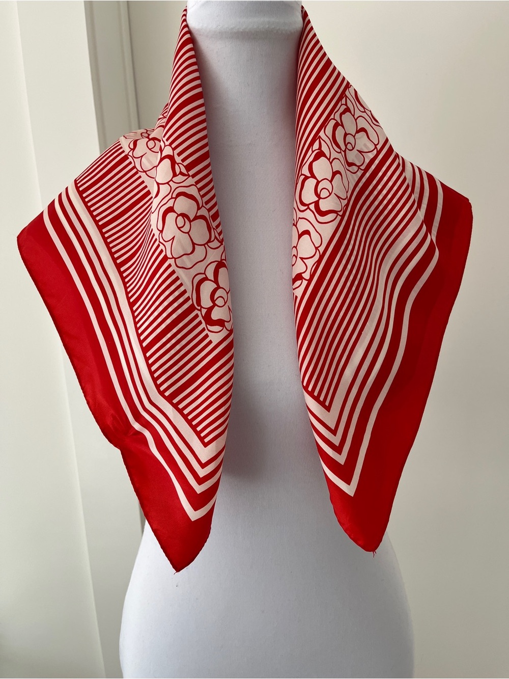 VINTAGE Twill Acetate Square Scarf Made Japan Stripe Floral Poppy 70's Groovy